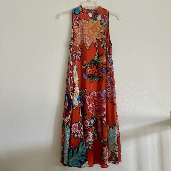 Anthropologie Maeve Silk Midi Dress Larkhill XS Mod Orange Floral Swing Flowy - Picture 2 of 13